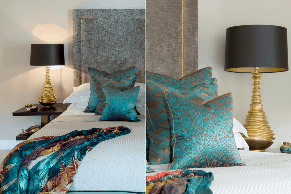 Cushions in teal and water tones with copper and bronze